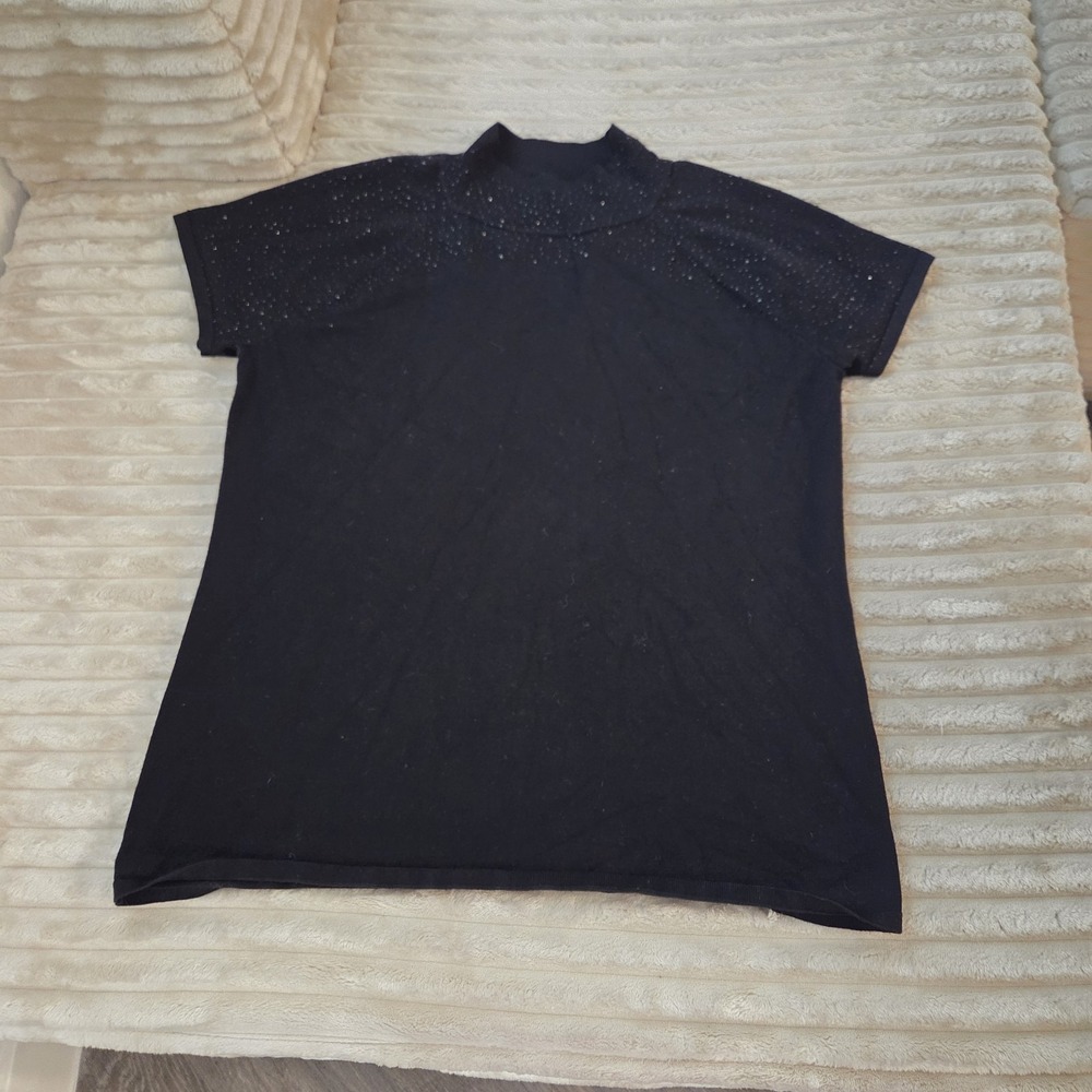 Cable & Gauge Women Black Embellished Top Size Large Mock Neck Rhinestone Short